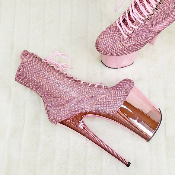 Bejeweled Baby Pink Rhinestone 8" Heel Platform Ankle Boots Flamingo - Picture 9 of 15